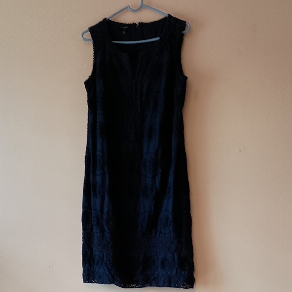 Talbots Navy Blue Sleeveless Midi Dress, Sz 6, With Eyelet & Embroidery Designs